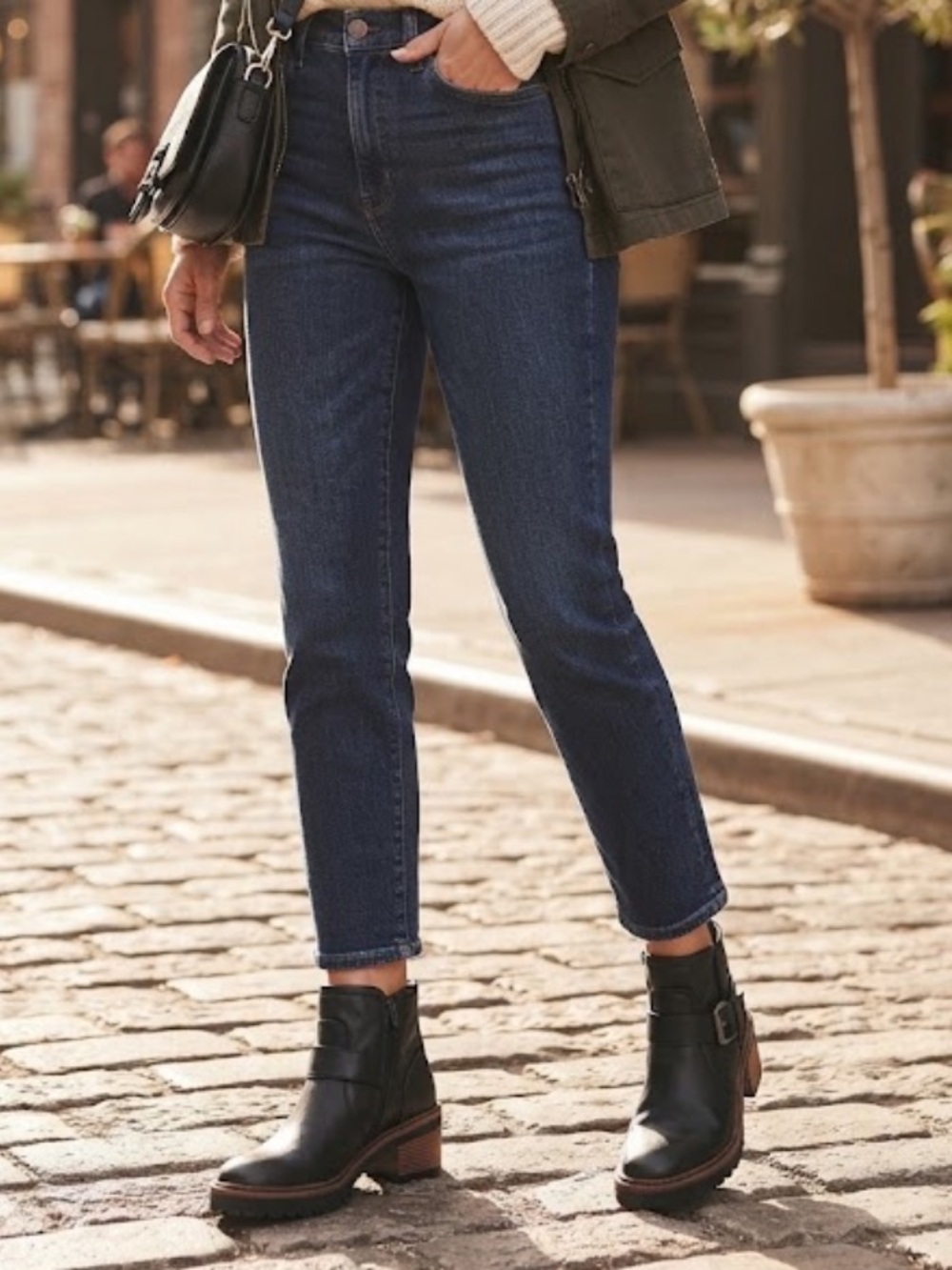 SM New York Black Leather Ankle Boots with Buckle and Stacked Heel